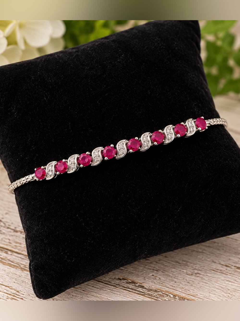 Beautiful Genuine Ruby And White Topaz Sterling Silver Adjustable Bracelet.